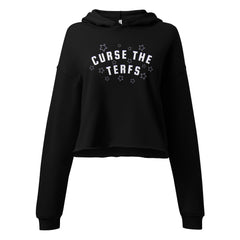 black pride hooded crop top that says curse the terfs in bold white writing with purple accents- shop feminist trash for feminist clothing and pride merch