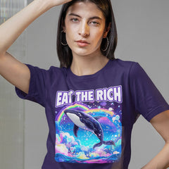 dark purple political tshirt that says eat the rich. Featuring a Lisa Frank style illustration of a whale. Shop Feminist Trash for political clothing, feminist tees and acab t-shirts