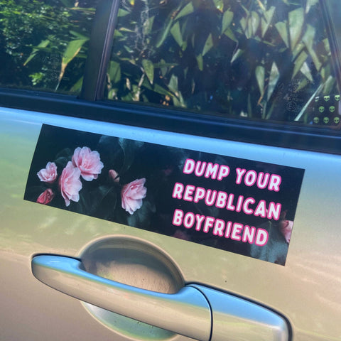 pink and black floral magnetic bumper sticker that says dump your republican boyfriend