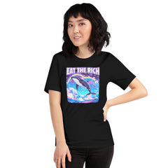 black political tshirt that says eat the rich. Featuring a Lisa Frank style illustration of a whale. Shop Feminist Trash for political clothing, feminist tees and acab t-shirts