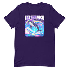 political tshirt that says eat the rich. Featuring a Lisa Frank style illustration of a whale. Shop Feminist Trash for political clothing, feminist tees and acab t-shirts