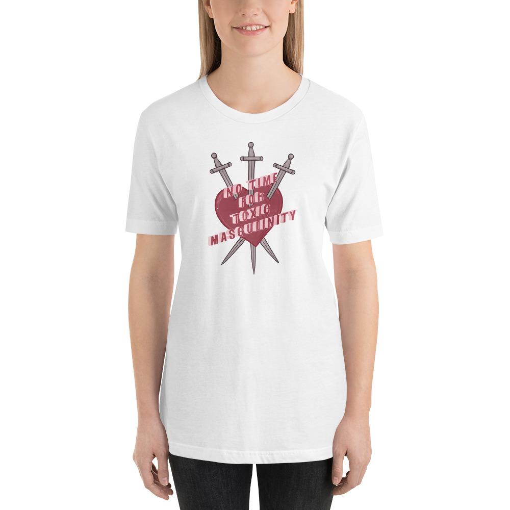 Empowering white feminist t shirt featuring the message 'No Time for Toxic Masculinity' and Three of Swords tarot imagery, challenging toxic gender norms. Discover feminist apparel