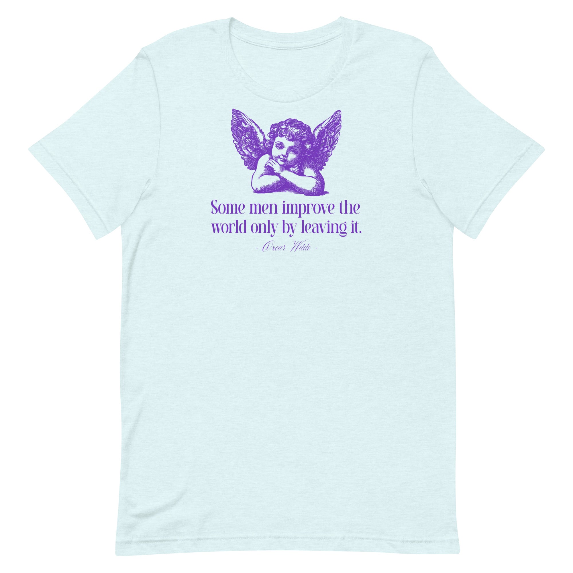 Ice blue short-sleeve feminist shirt with purple cherub art and a famous Oscar Wilde quote, produced using ethical made-to-order methods.