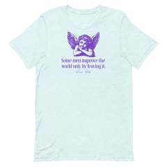 Ice blue short-sleeve feminist shirt with purple cherub art and a famous Oscar Wilde quote, produced using ethical made-to-order methods.