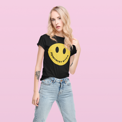 Empowering black feminist shirt featuring the message "Feminist Bitch" with a yellow smiley face