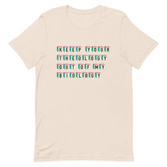 Empowering soft cream feminist shirt featuring the strong message "Keep Your Theology Out of My Biology."