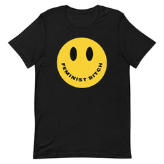 Black feminist t-shirt conveying: "Feminist Bitch" with a yellow smiley face