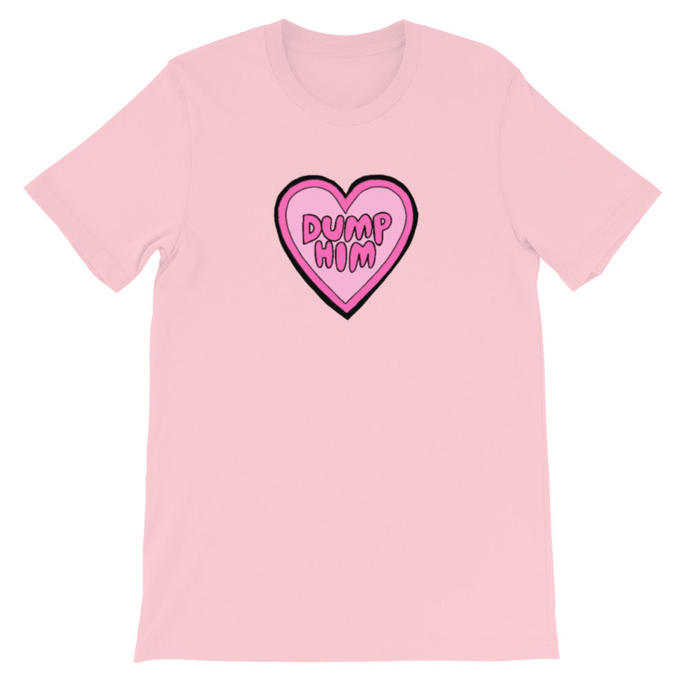 Pink feminist t shirt boldly advocating "Dump Him