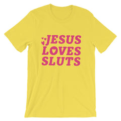 Yellow feminist t-shirt: 'Jesus Loves Sluts' statement