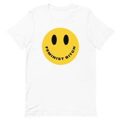 White feminist tee making a statement: "Feminist Bitch" with a yellow smiley face