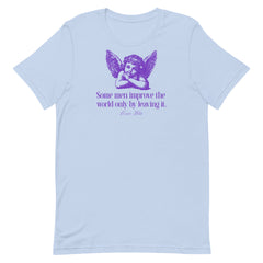 Baby blue feminist shirt made from sustainable materials with a purple angel illustration and a humorous misandry-themed quote by Oscar Wilde.