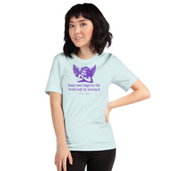 A model wearing the light blue Oscar Wilde quote t-shirt, styled for a modern grunge and subversive academic aesthetic.