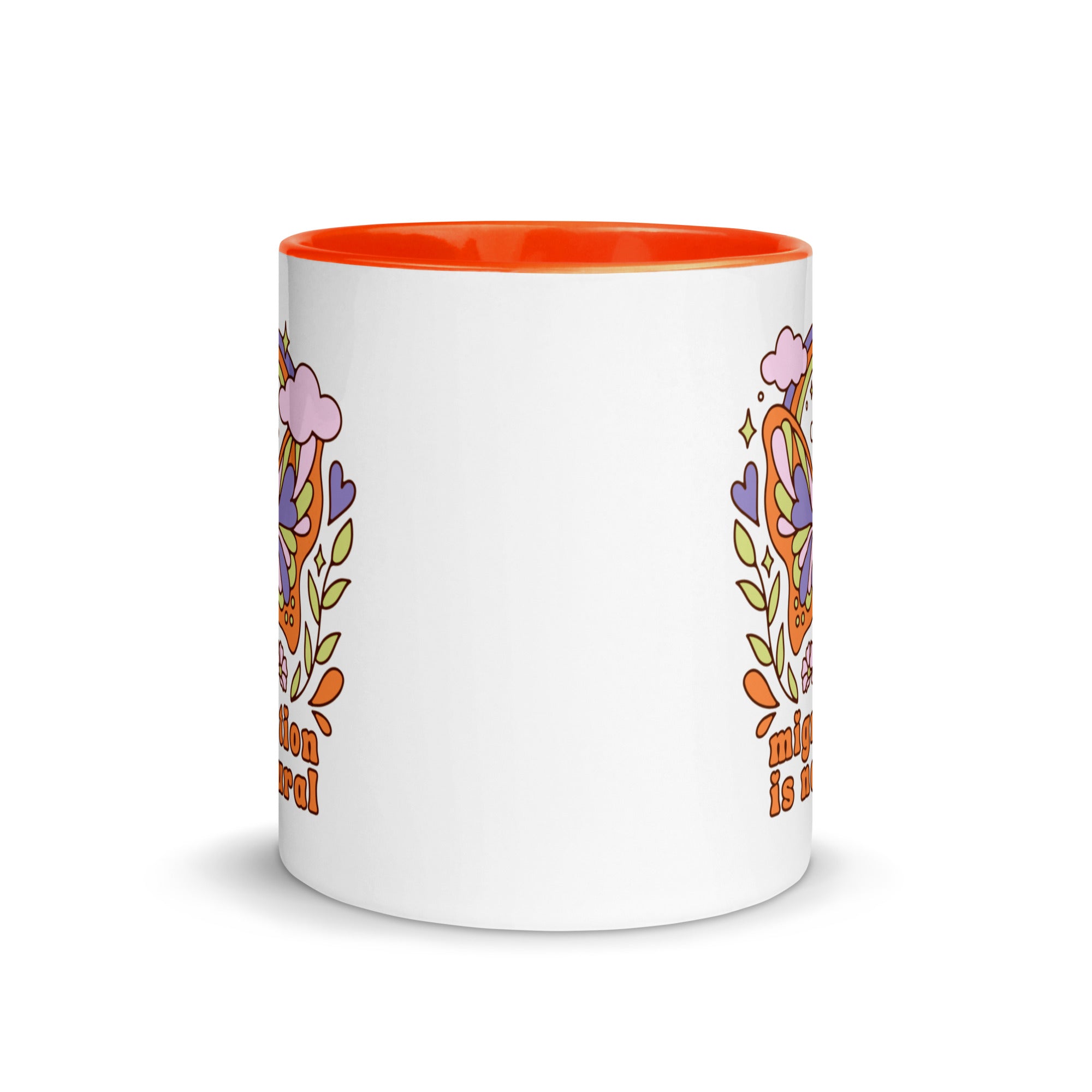 Side view of the Migration is Natural mug showing the bright orange interior and ergonomic handle design.