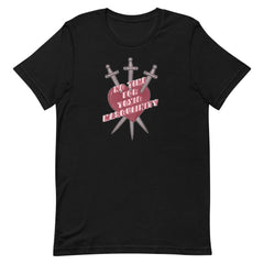 Feminist t shirt in black with 'No Time for Toxic Masculinity' text and Three of Swords tarot imagery, promoting gender equality and empowerment. Explore feminist t-shirts