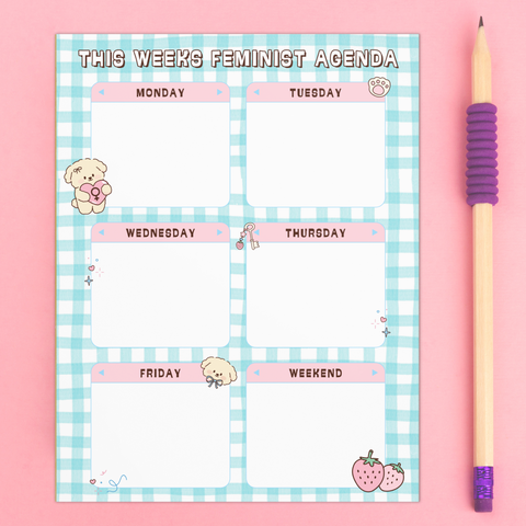 cute kawaii blue gingham weekly planner that says feminist agenda. Shop feminist trash for feminist stationery and cute notepads. 