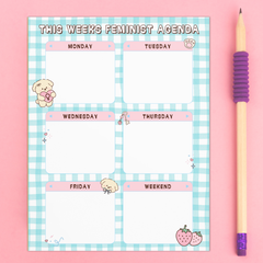 cute kawaii blue gingham weekly planner that says feminist agenda. Shop feminist trash for feminist stationery and cute notepads. 