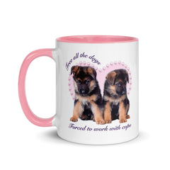 acab mug that says free all the dogs forced to work with cops featuring photos of police puppies- shop feminist trash for acab t-shirts and feminist apparel