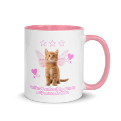 Funny feminist cat mug featuring a cute orange tabby fairy kitten and stars. Bold pink feminist quote about not submitting to men. Perfect for coquette activist decor or a witty feminist gift