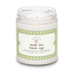 funny feminist candle that says smells like female rage- shop feminist trash for women's rights merchandise 