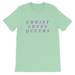 Mint Pride T-Shirt that says christ loves queers in purple writing- define pride with our pride themed shirts