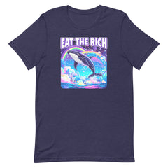 navy political tshirt that says eat the rich. Featuring a Lisa Frank style illustration of a whale. Shop Feminist Trash for political clothing, feminist apparel and outfits for pride