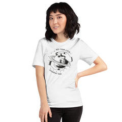white feminist shirt that says hex your local deadbeat dad in black writing, featuring a witchy black illustration of hands around Saturn. Shop feminist trash for funny feminist t-shirts and witchy feminist clothing