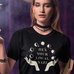 black political t-shirt that says hex your local nazi in white writing, featuring hands an a moon formation. shop feminist trash for political clothing and feminist t-shirts