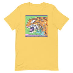 yellow political tee that says hunt your local pedophile featuring a tiger illustration- shop Feminist Trash for political t-shirts with progressive messages