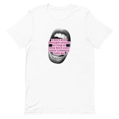 A white unisex t-shirt displayed flat against a white background, featuring a black-and-white graphic of an open mouth with pink label tape text that reads, "I don't mind straight people, as long as they don't push their lifestyle onto me."