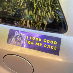 A close up view of a rectangular 10x3 inch car magnet featuring a roaring feral raccoon surrounded by bright purple lightning bolts with bold yellow text that reads i look good for my rage by Feminist Trash.