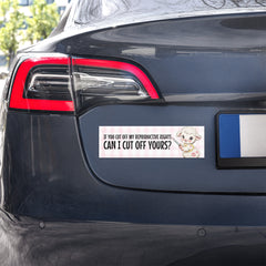 pink car magnet that says if you cut off my reproductive rights can i cut off yours- shop feminist trash store for feminist bumper stickers, political tshirts and pride merch