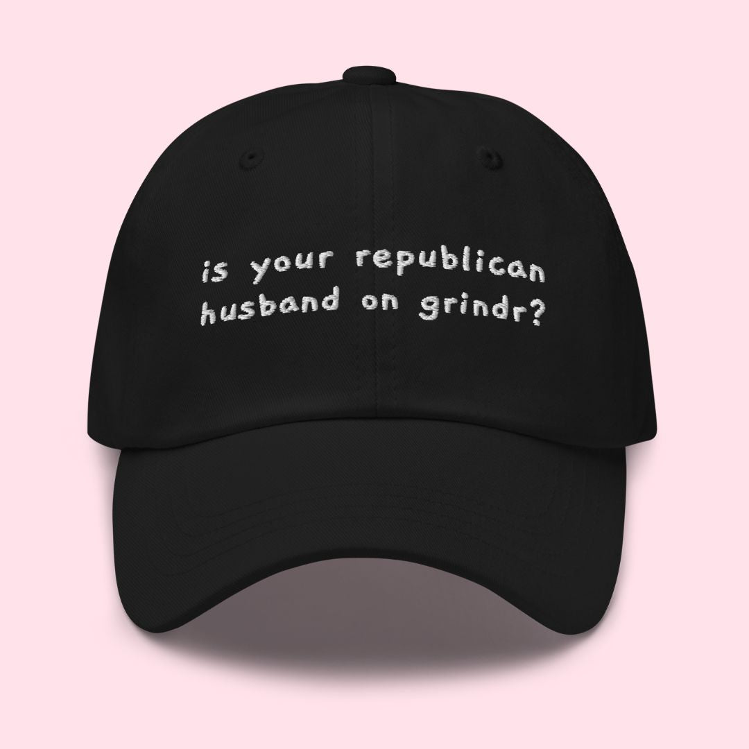 black feminist embroidered hat that says is your republican husband on grindr? in white- Shop feminist trash for funny hats for women and embroidered hats