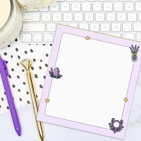witchy feminist notepad with lavender and star illustrations. Shop Feminist Trash for cute stationery and feminist notepads 