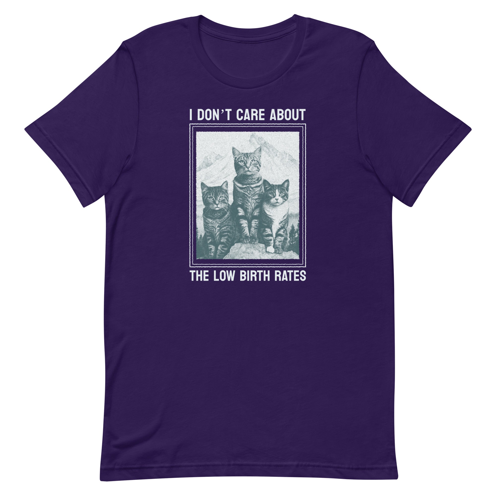 Vibrant purple feminist t-shirt featuring a feline-themed graphic and satirical commentary on birth rates. Part of the Feminist Trash activism collection.