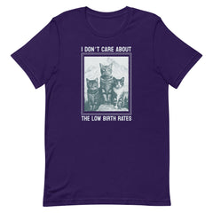 Vibrant purple feminist t-shirt featuring a feline-themed graphic and satirical commentary on birth rates. Part of the Feminist Trash activism collection.