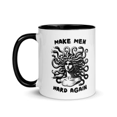 A white ceramic mug featuring a detailed navy blue illustration of Medusa's head with snakes for hair and the text "Make Men Hard Again."