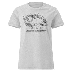 sports grey coloured political t-shirt that says make billionaires extinct in black writing featuring an illustration of a triceratops surrounded by flowers- shop feminist trash for political t-shirts, acab shirts and feminist apparel.