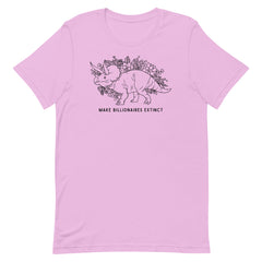 lilac political t-shirt that says make billionaires extinct in black writing. Featuting floral illustration of a Triceratops- Shop feminist trash for political clothing and feminist t-shirts