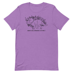 purple political t-shirt that says make billionaires extinct in black writing. Featuting floral illustration of a Triceratops- Shop feminist trash for political clothing and acab shirts