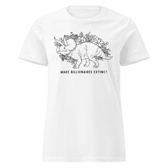white coloured political t-shirt that says make billionaires extinct in black writing featuring an illustration of a triceratops surrounded by flowers- shop feminist trash for political t-shirts, acab shirts and feminist apparel.