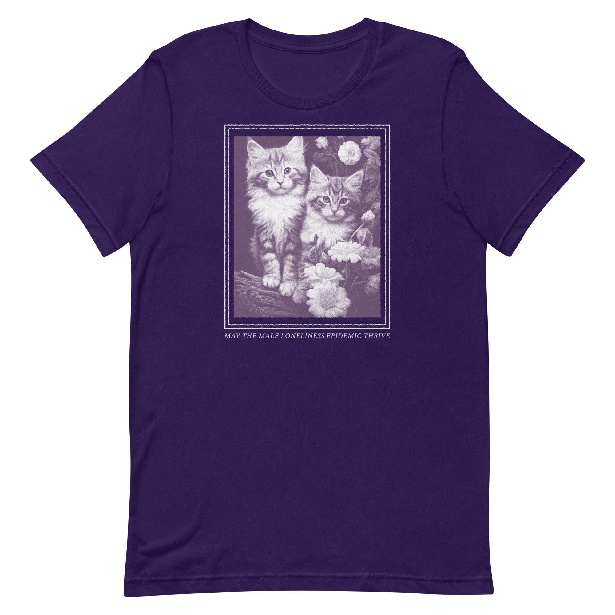 purple feminist t-shirt that says may the male loneliness epidemic thrive featuring a cute kitten rendering- shop feminist trash for feminist apparel and women's march merchandise   