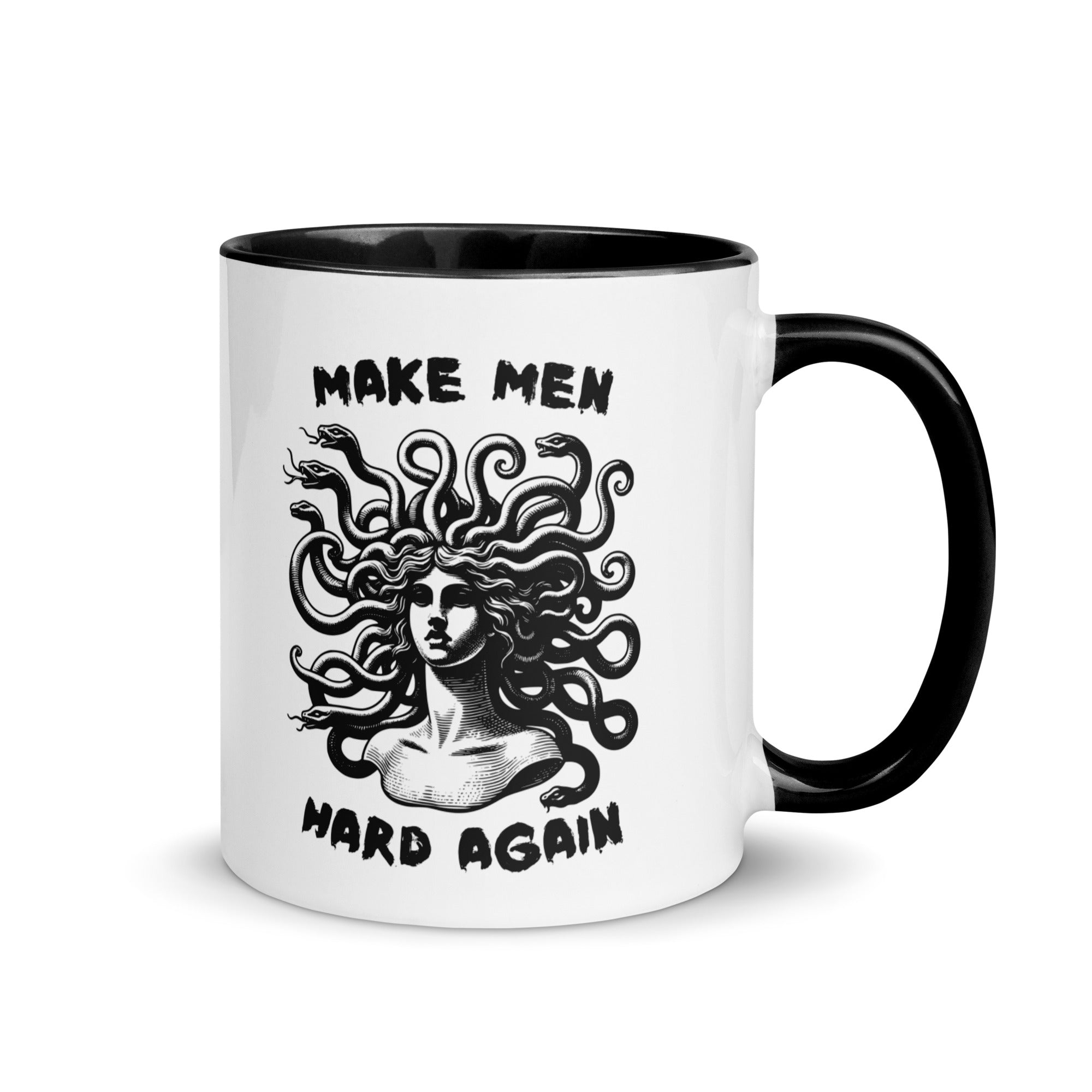 Close up of a feminist slogan mug with Medusa artwork and a colored handle, part of the Feminist Trash home decor collection.