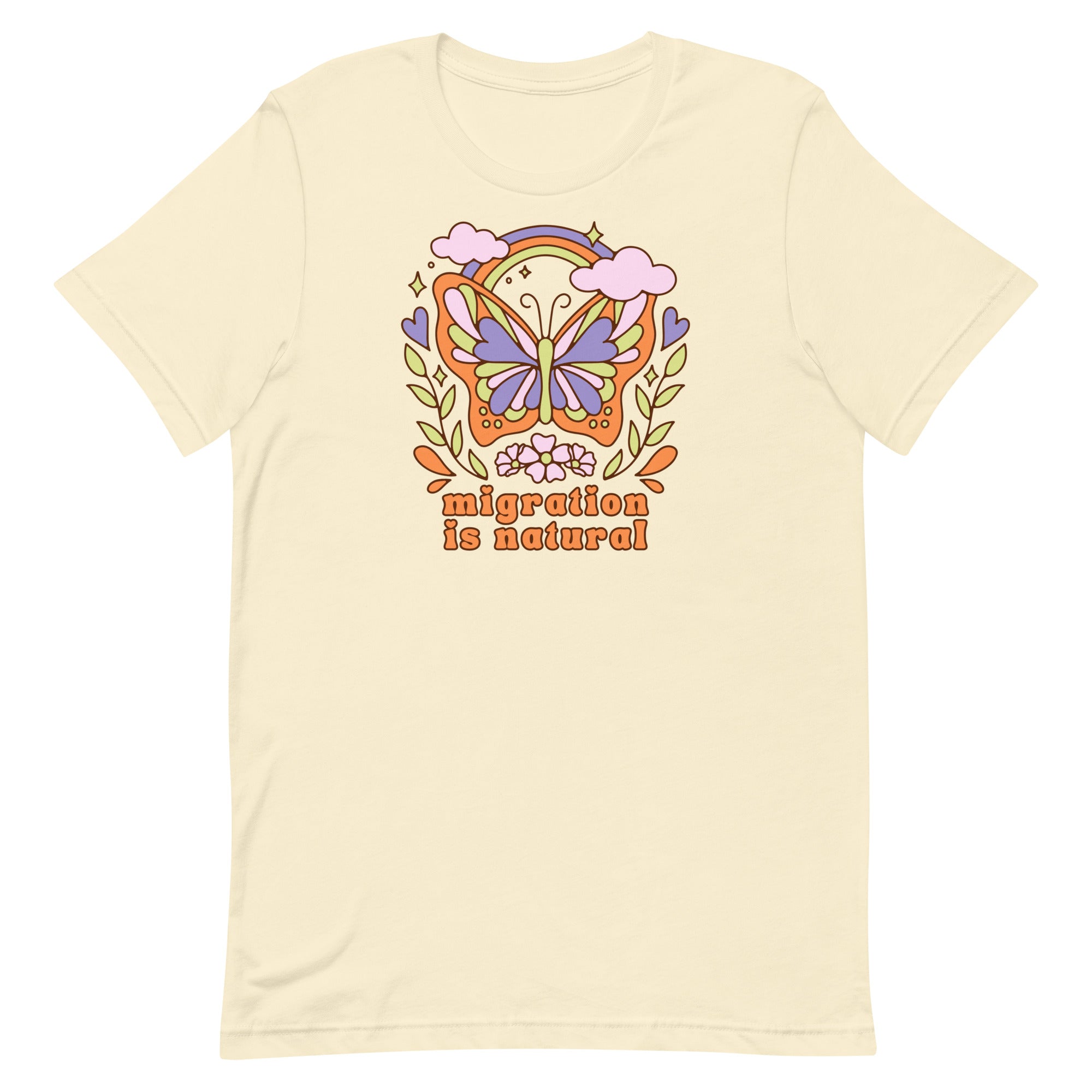Retro style cream t-shirt with a vibrant butterfly and floral graphic centered around the message migration is natural in a 70s inspired aesthetic.