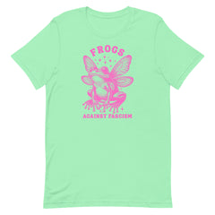 mint green anti fascist t-shirt that says frogs against fascism in pink writing featuring a fairy frog illustration- shop feminist trash for social justice apparel and acab shirts.
