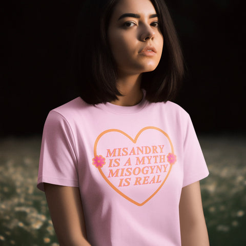 pink feminist tshirt that says misandry is a myth misogyny is real in orange writing- shop feminist trash for feminist tees 
