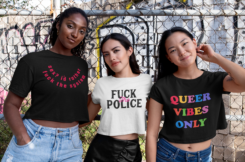 Three Women Wearing Feminist Crop Tops - Shop Feminist T-shirts