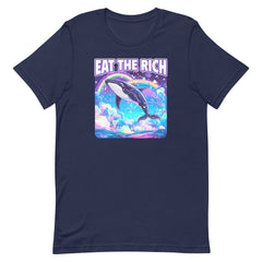 Navy political tshirt that says eat the rich. Featuring a Lisa Frank style illustration of a whale. Shop Feminist Trash for political clothing, feminist tees and acab t-shirts