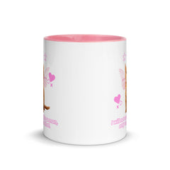 A 11oz white and pink mug with a graphic of an orange kitten wearing fairy wings surrounded by pink hearts and stars. The caption is a humorous feminist statement in a bubbly pink font