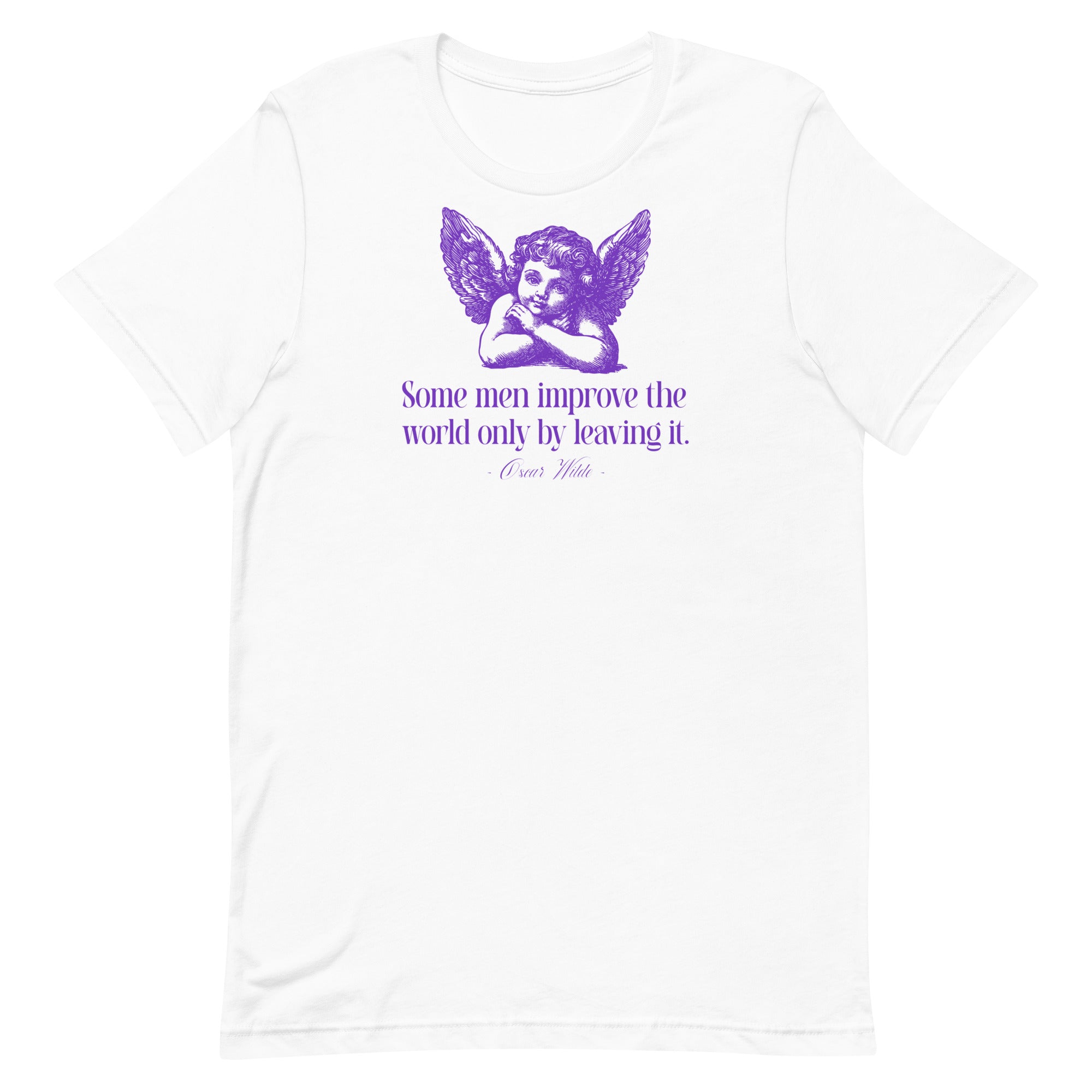 A white Feminist t-shirt with a purple cherub graphic and the Oscar Wilde quote, "Some men improve the world only by leaving it.
