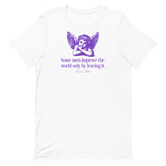 A white Feminist t-shirt with a purple cherub graphic and the Oscar Wilde quote, "Some men improve the world only by leaving it.